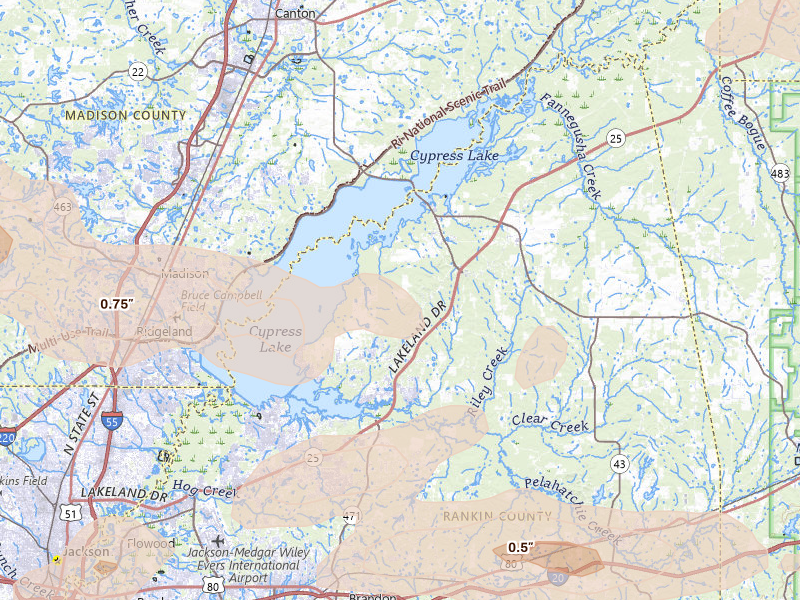 Radar-estimated hail-size map of the storm over Brandon, MS on Apr 24, 2026