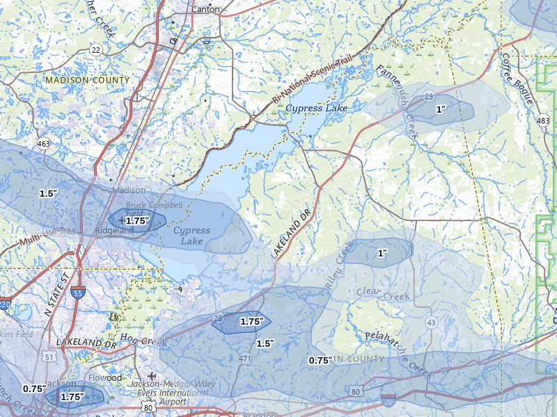 NEXRAD radar-signature map of the hail over Brandon, MS