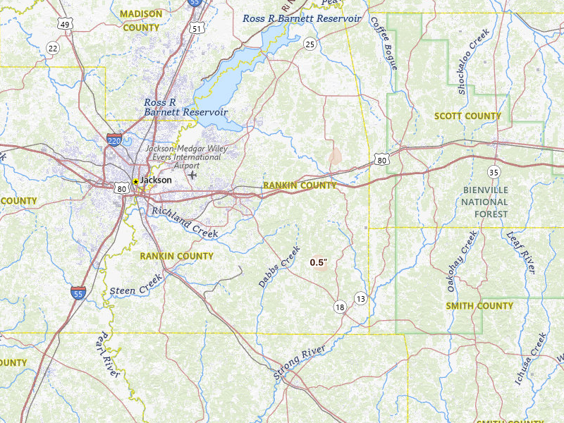 Radar-estimated hail-size map of the storm over Brandon, MS on May 23, 2026