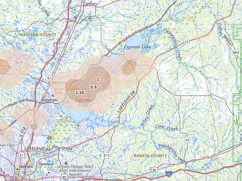 Radar-estimated hail-size map of the storm over Brandon, MS on Jun 1, 2026