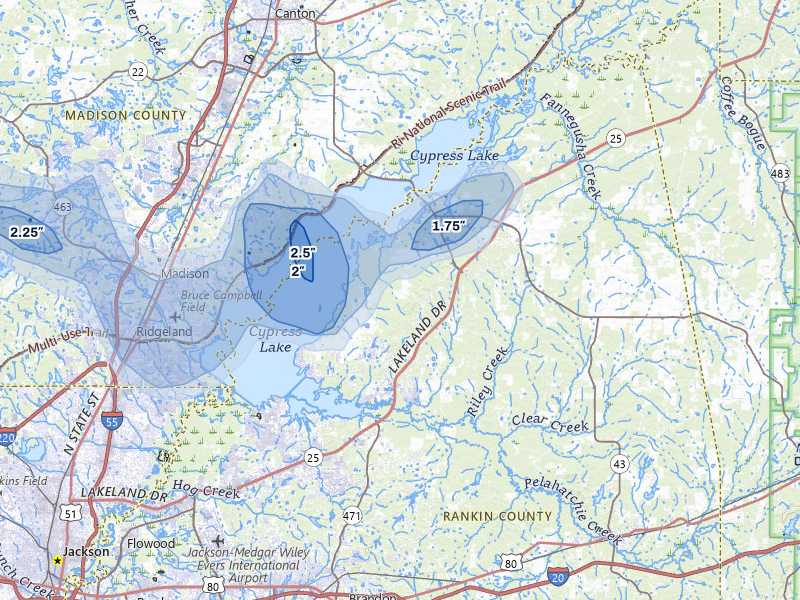 NEXRAD radar-signature map of the hail storm over Brandon, MS on Jun 1, 2026