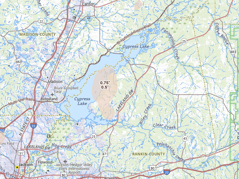 Radar-estimated hail-size map of the storm over Brandon, MS on Jul 4, 2026