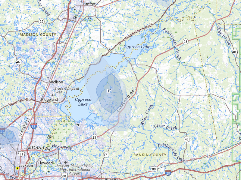 NEXRAD radar-signature map of the hail over Brandon, MS