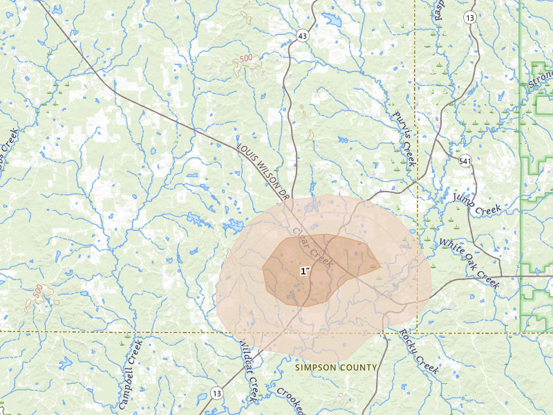 Radar-estimated hail-size map of the storm over Brandon, MS on Aug 6, 2026