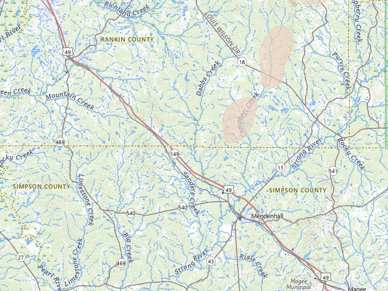 Radar-estimated hail-size map of the storm over Braxton, MS on Mar 7, 2026