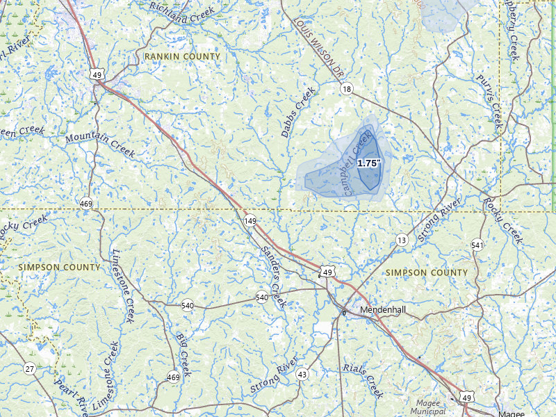 NEXRAD radar-signature map of the hail storm over Braxton, MS on Mar 7, 2026