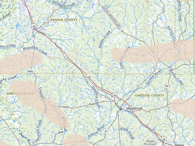 Radar-estimated hail-size map of the storm over Braxton, MS on Apr 24, 2026