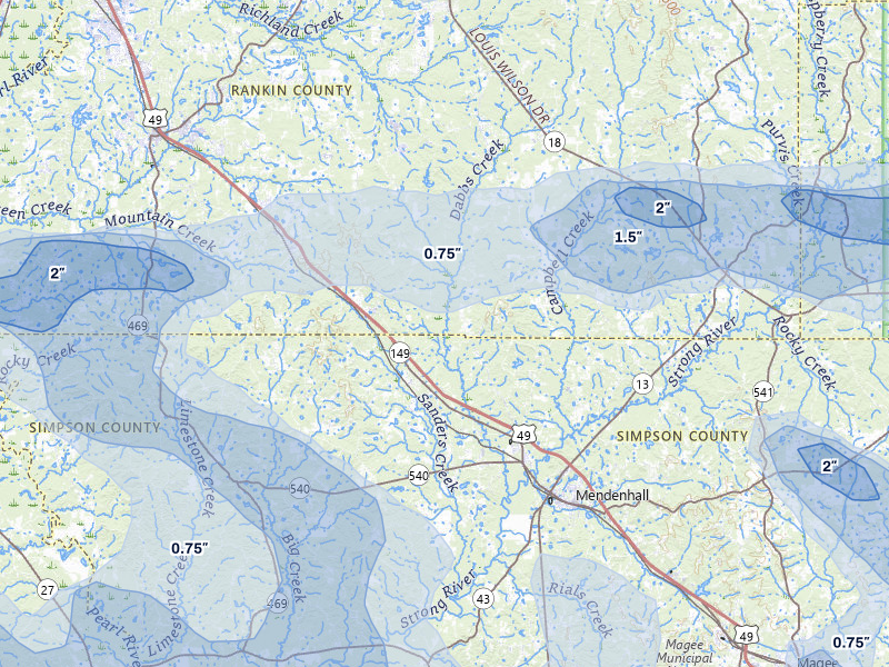 NEXRAD radar-signature map of the hail storm over Braxton, MS on Apr 24, 2026
