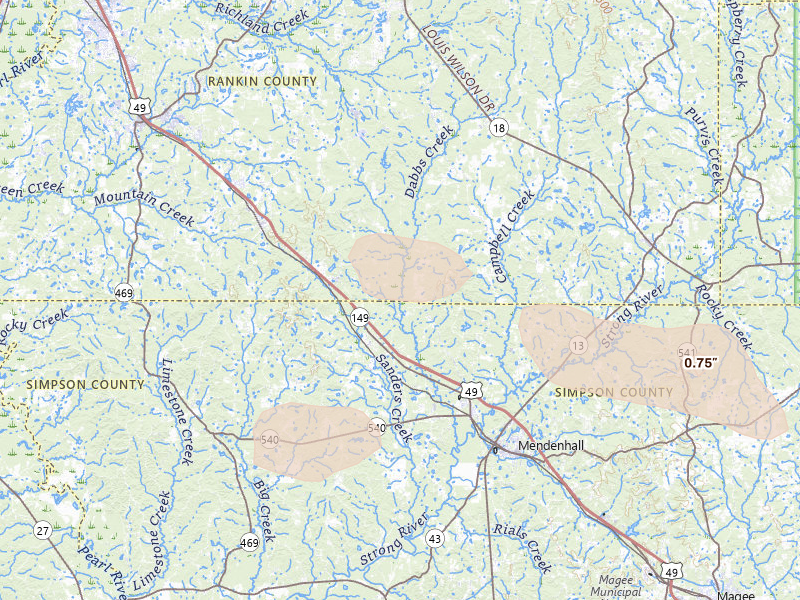 Radar-estimated hail-size map of the storm over Braxton, MS on Apr 25, 2026