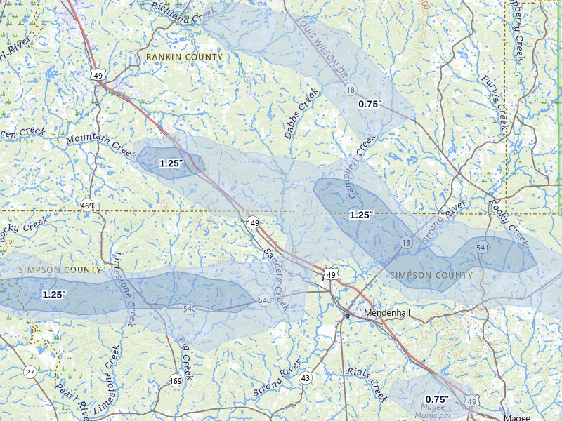 NEXRAD radar-signature map of the hail storm over Braxton, MS on Apr 25, 2026