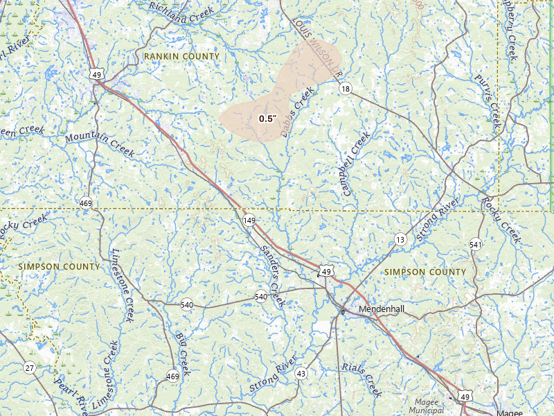 Radar-estimated hail-size map of the storm over Braxton, MS on Jul 4, 2026