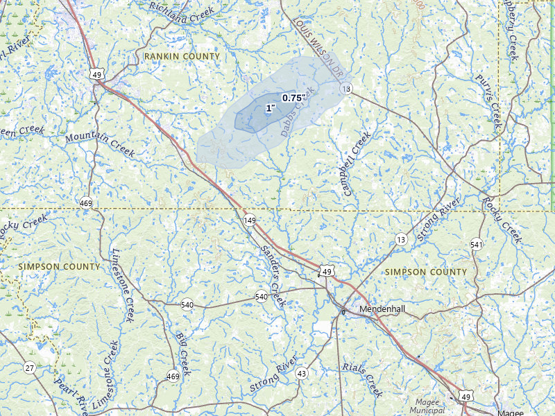 NEXRAD radar-signature map of the hail storm over Braxton, MS on Jul 4, 2026
