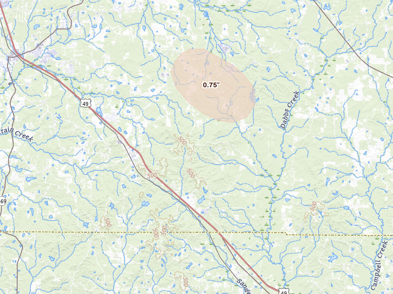 Radar-estimated hail-size map of the storm over Braxton, MS on Aug 20, 2026