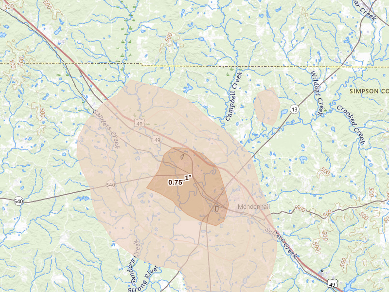 Radar-estimated hail-size map of the storm over Braxton, MS on Aug 21, 2026