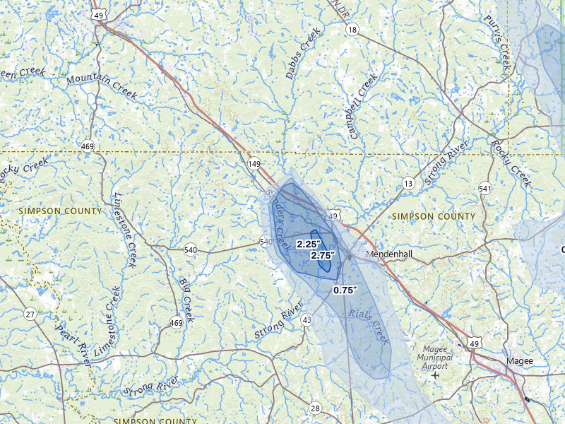NEXRAD radar-signature map of the hail storm over Braxton, MS on Aug 21, 2026
