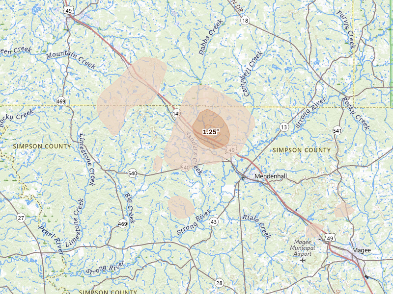 Radar-estimated hail-size map of the storm over Braxton, MS on Sep 3, 2026