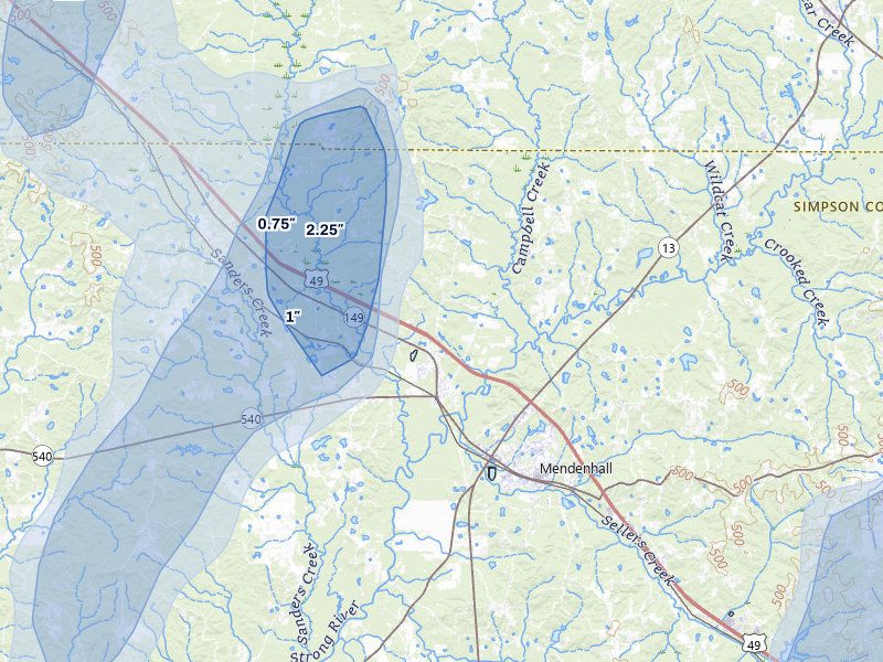 NEXRAD radar-signature map of the hail storm over Braxton, MS on Sep 3, 2026