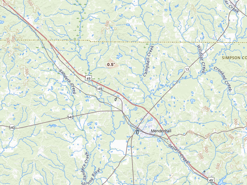 Radar-estimated hail-size map of the storm over Braxton, MS on Sep 4, 2026