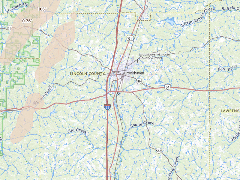 Radar-estimated hail-size map of the storm over Brookhaven, MS on Mar 7, 2026