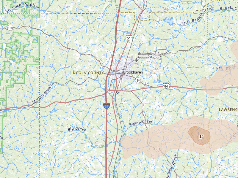 Radar-estimated hail-size map of the storm over Brookhaven, MS on Apr 24, 2026