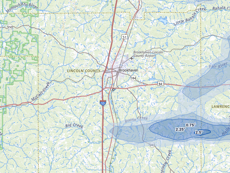 NEXRAD radar-signature map of the hail over Brookhaven, MS