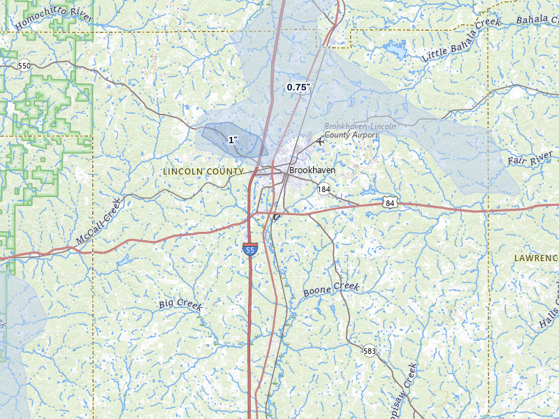 NEXRAD radar-signature map of the hail over Brookhaven, MS