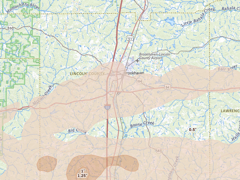 Radar-estimated hail-size map of the storm over Brookhaven, MS on May 6, 2026
