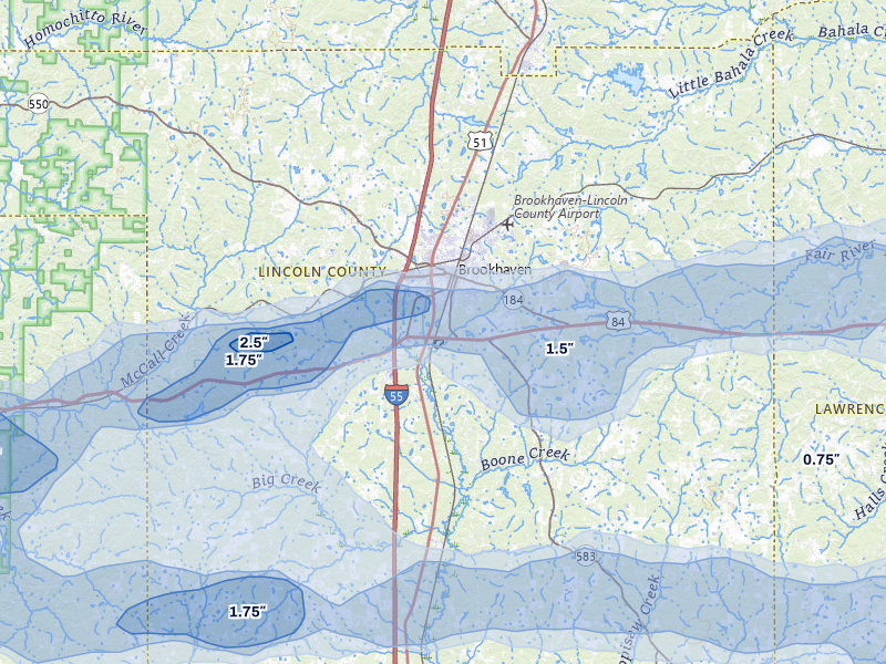 NEXRAD radar-signature map of the hail storm over Brookhaven, MS on May 6, 2026