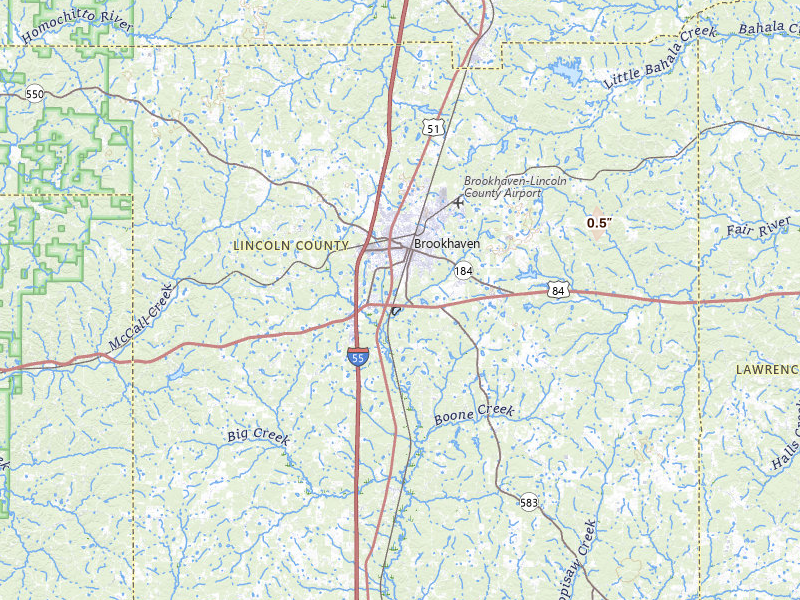 Radar-estimated hail-size map of the storm over Brookhaven, MS on May 23, 2026