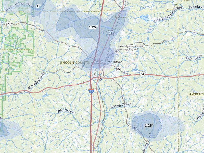 NEXRAD radar-signature map of the hail storm over Brookhaven, MS on Jun 1, 2026