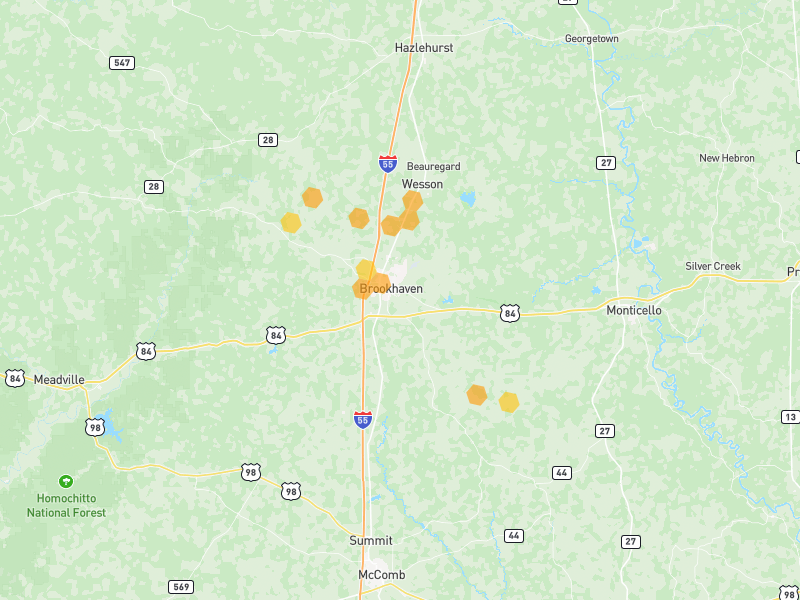 Hail map of Brookhaven, MS on Jun 1, 2026, hail up to 1.25"