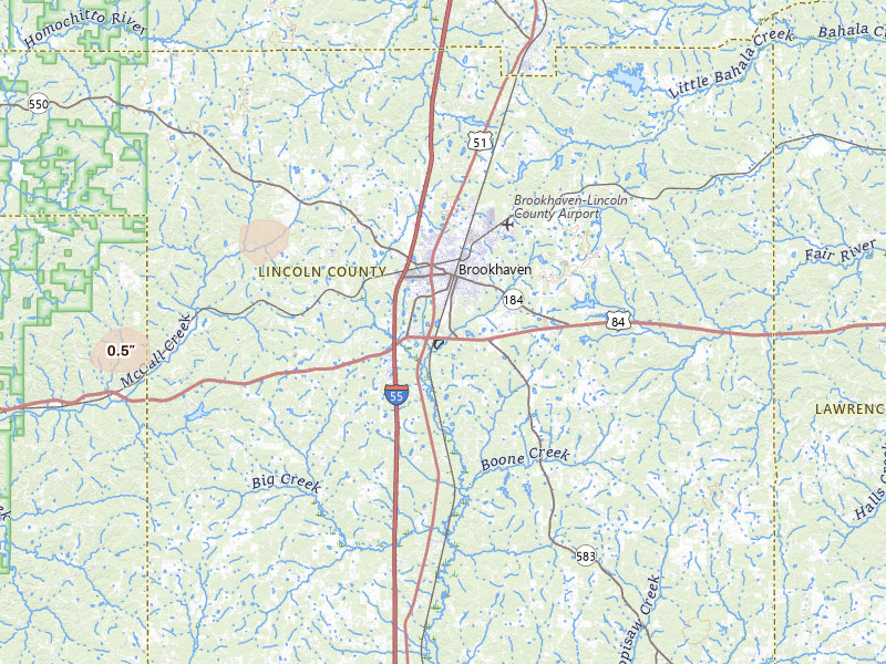 Radar-estimated hail-size map of the storm over Brookhaven, MS on Jun 2, 2026