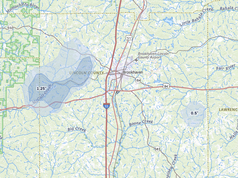 NEXRAD radar-signature map of the hail over Brookhaven, MS
