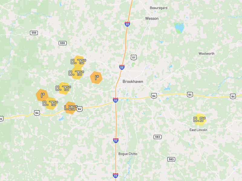 Hail map of Brookhaven, MS on Jun 2, 2026, hail up to 1.25"