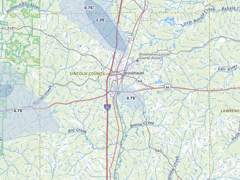NEXRAD radar-signature map of the hail storm over Brookhaven, MS on Jul 1, 2026