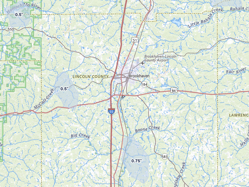 NEXRAD radar-signature map of the hail over Brookhaven, MS