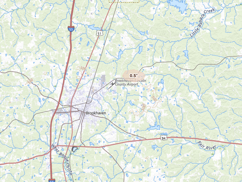 Radar-estimated hail-size map of the storm over Brookhaven, MS on Aug 20, 2026