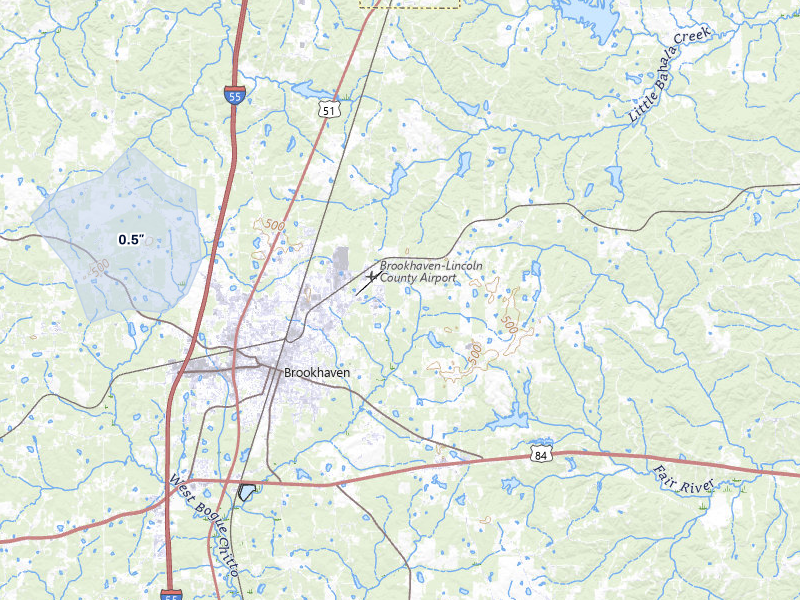 NEXRAD radar-signature map of the hail storm over Brookhaven, MS on Aug 20, 2026
