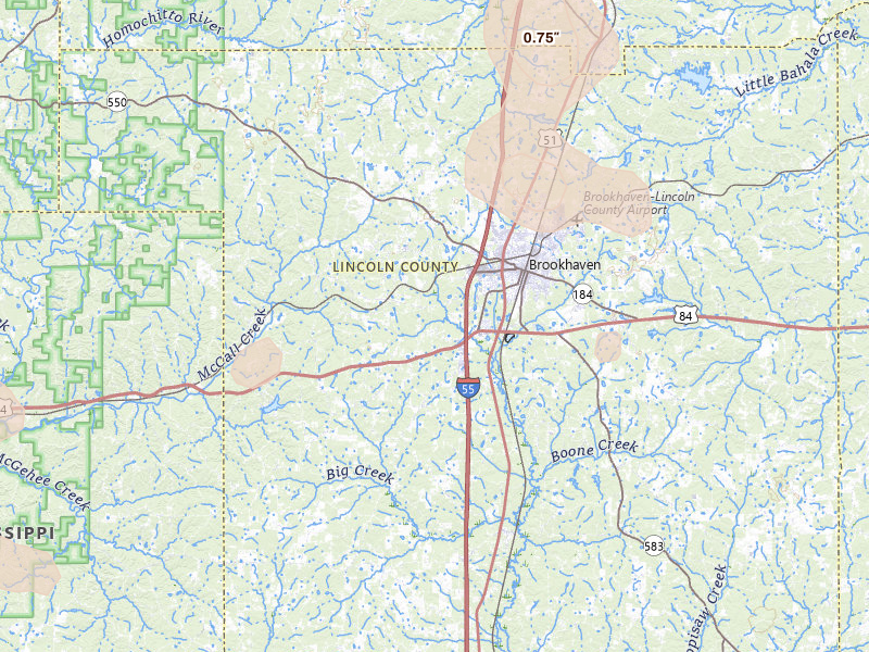 Radar-estimated hail-size map of the storm over Brookhaven, MS on Aug 21, 2026