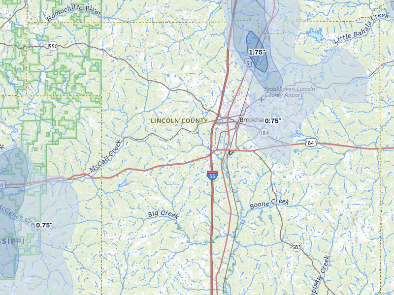 NEXRAD radar-signature map of the hail storm over Brookhaven, MS on Aug 21, 2026