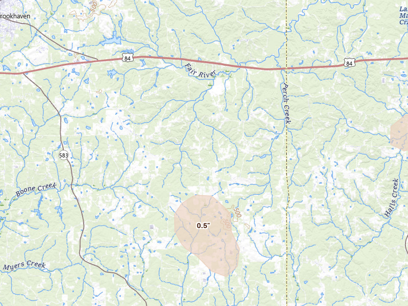 Radar-estimated hail-size map of the storm over Brookhaven, MS on Sep 3, 2026
