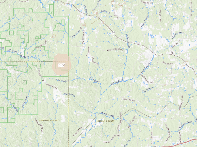 Radar-estimated hail-size map of the storm over Brookhaven, MS on Sep 13, 2026