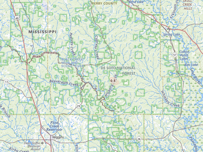Radar-estimated hail-size map of the storm over Brooklyn, MS on Jun 1, 2026