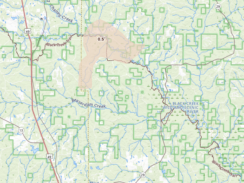 Radar-estimated hail-size map of the storm over Brooklyn, MS on Aug 7, 2026