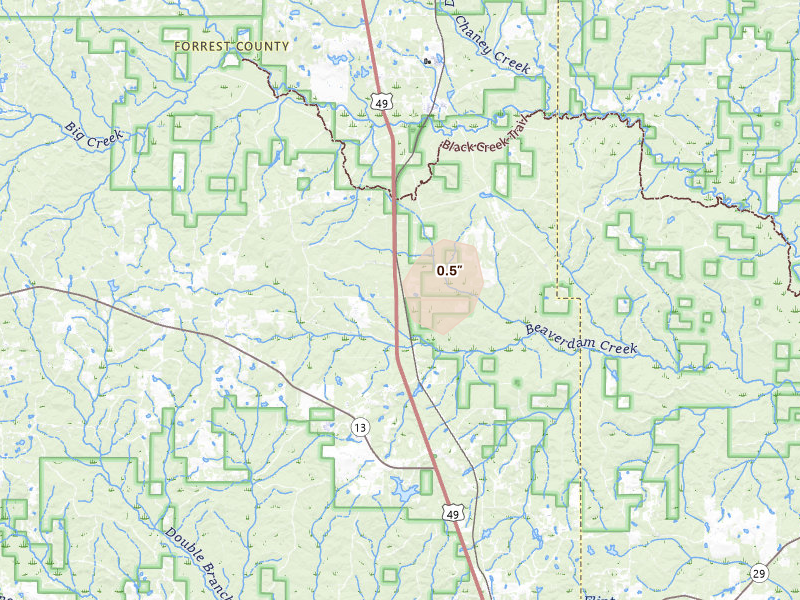 Radar-estimated hail-size map of the storm over Brooklyn, MS on Aug 18, 2026