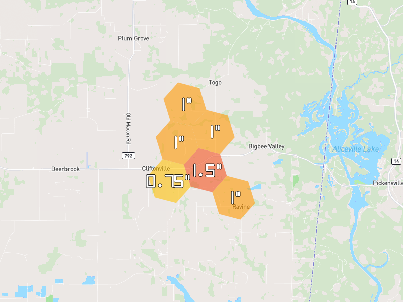 Hail map of Brooksville, MS on Jun 1, 2026, hail up to 1.5"