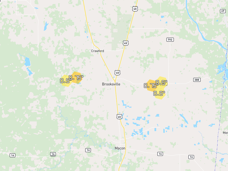 Hail map of Brooksville, MS on Jun 2, 2026, hail up to 0.75"