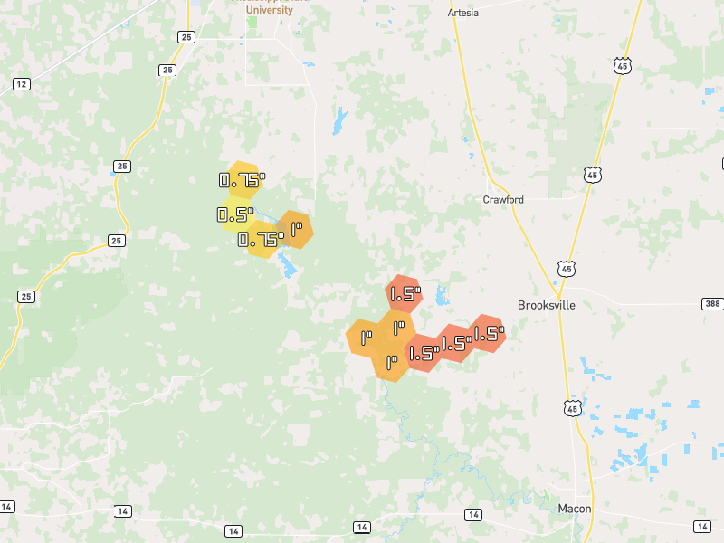Hail map of Brooksville, MS on Jul 1, 2026, hail up to 1.5"