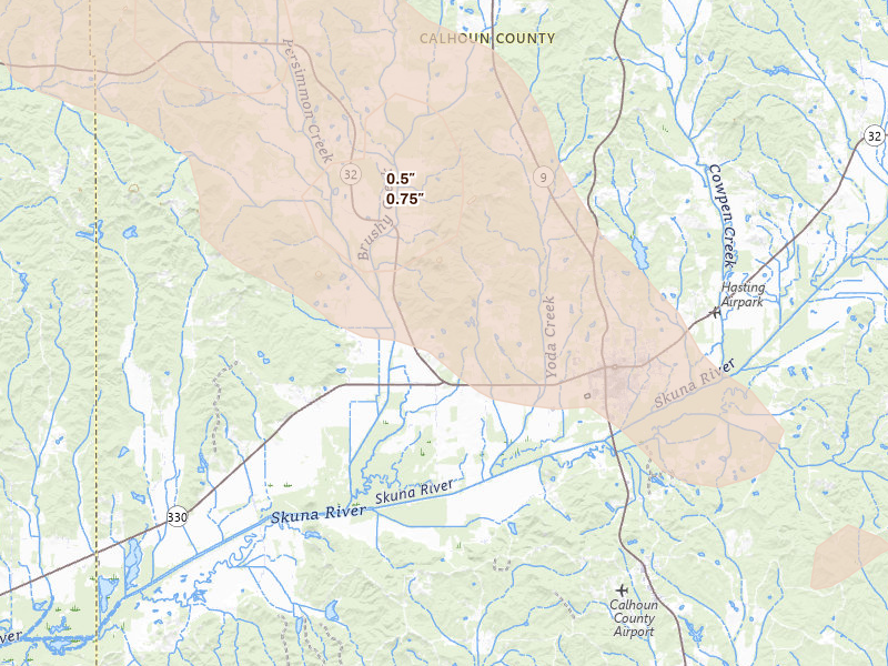 Radar-estimated hail-size map of the storm over Bruce, MS on Feb 26, 2026