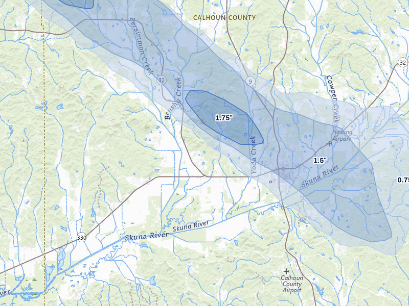 NEXRAD radar-signature map of the hail over Bruce, MS